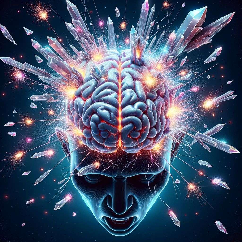 a representation of anxiety, covered in exploding crystals